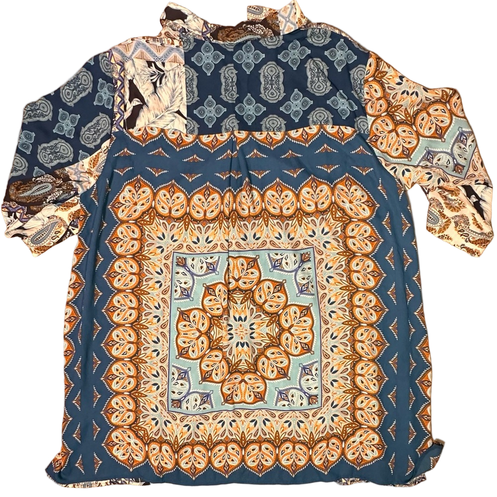 Patchwork Print Button-Front Women's Top - Navy & Tan - Picture 7 of 7